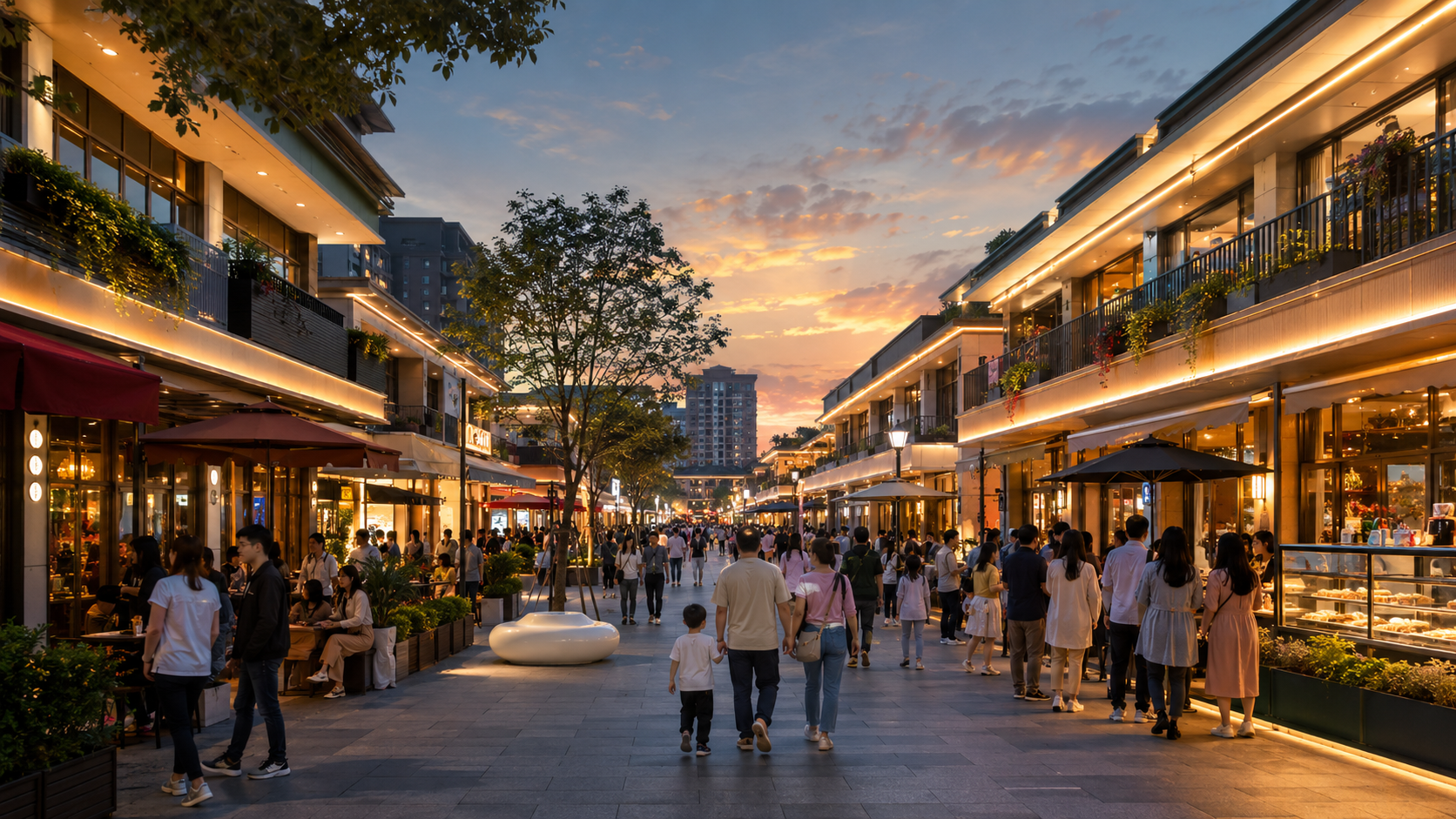 金街傍晚餐饮外摆与夜经济场景效果图